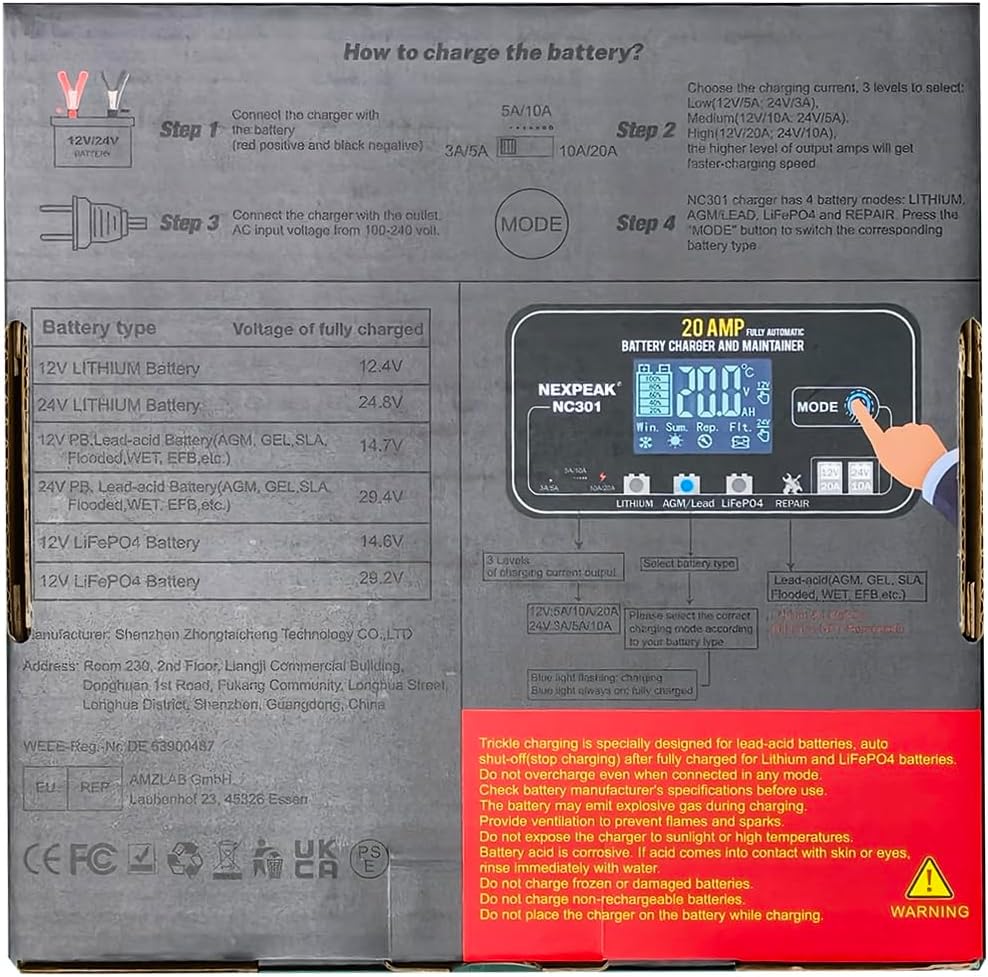 Battery Charger 10A, NEXPEAK 12V 24V LiFePO4 Car Battery Chargers, Automatic Maintainer with Temperature Compensation for Car Motorcycle Truck, AGM, Gel, Wet, SLA
