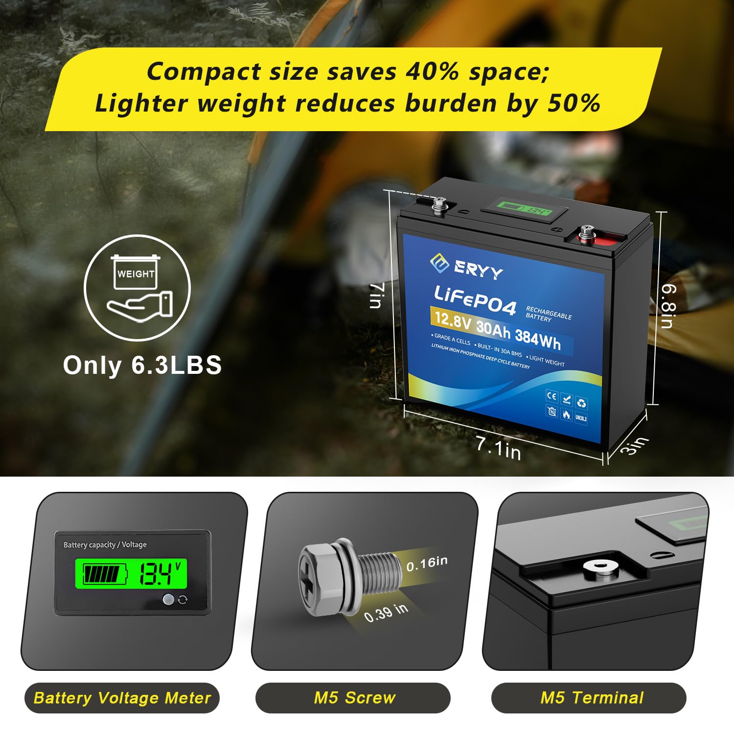 LiFePO4 Lithium Battery 12V 30Ah, Built-in 30A BMS & LCD Voltmeter, 5000+ Cycles, Lightweight Rechargeable Leisure Lithium Iron Phosphate Battery for RVs, Camping Gear, Trolling Motor, Solar