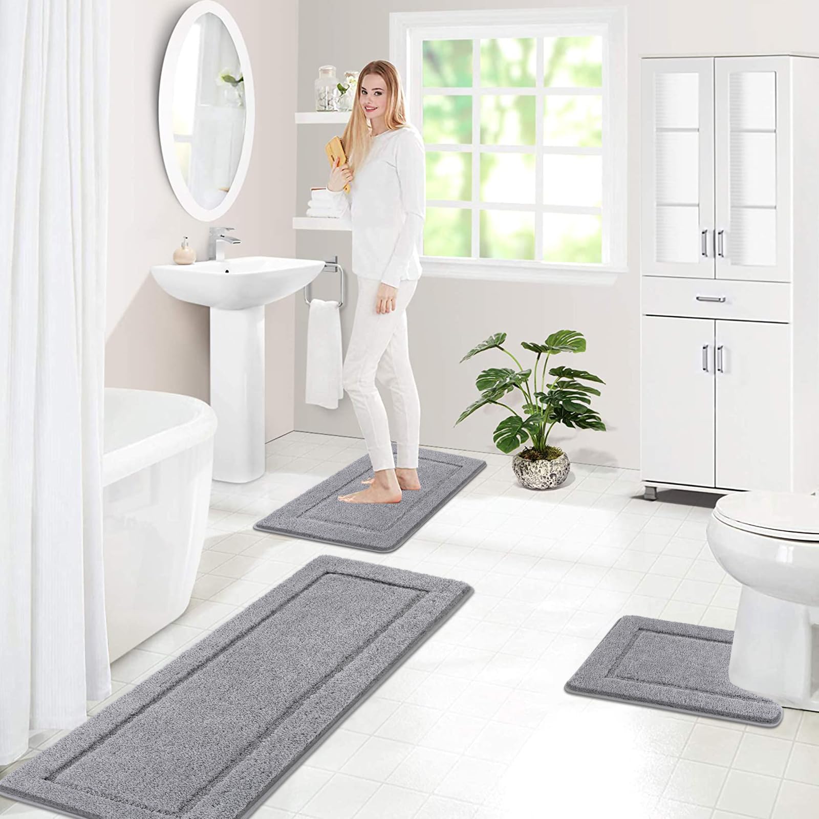 Pauwer Microfiber Soft Bath Mat Set 3 Piece Absorbent Bathroom Toilet Rug Non Slip Machine Washable Bath and Pedestal Mat Sets, Grey