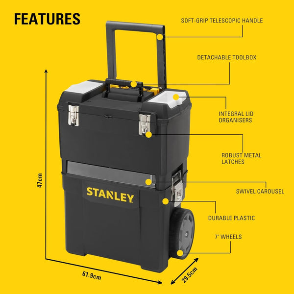 STANLEY Mobile Work Centre Toolbox, 2-in-1 Rolling Workshop with Stackable Units, Removable Toolbox, and Swivel Storage Carousel, 1-93-968