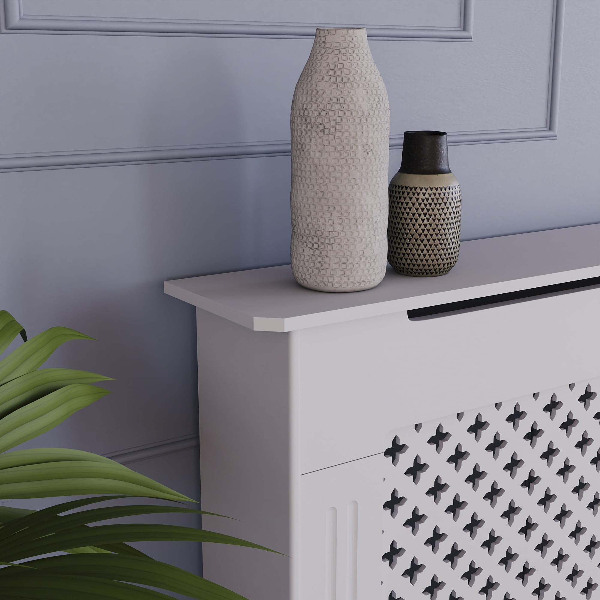 Vida Designs Oxford Radiator Cover – Traditional Cross Pattern, Olive Grey, MDF, Modern Painted Finish, Heat Efficient, Small, (H 82 x W 78 x D 19 cm)