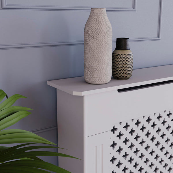 Vida Designs Oxford Radiator Cover – Traditional Cross Pattern, Olive Grey, MDF, Modern Painted Finish, Heat Efficient, Small, (H 82 x W 78 x D 19 cm)