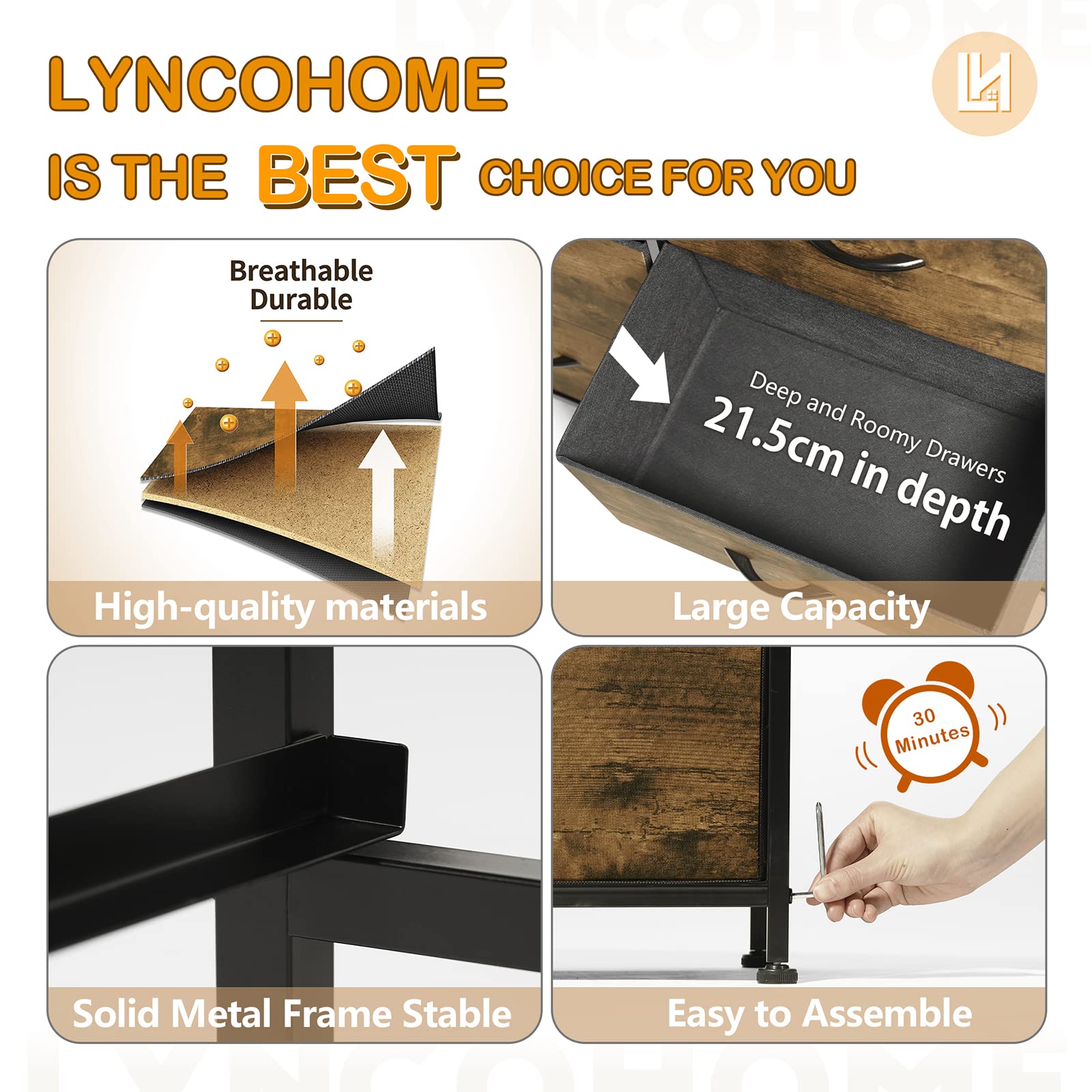 LYNCOHOME Chest of Drawers, Bedroom Drawers, Fabric Dresser with Wood Top and Large Storage Space, Easy to Assemble, for Bedroom, Living room, Kids