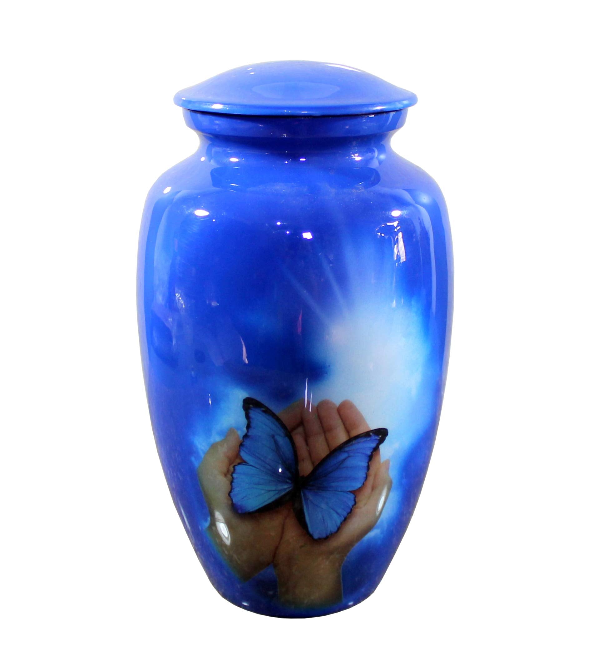eSplanade Metal Cremation Urn Memorial Jar Pot Container | Full Size Urn for Funeral Ashes Burial | Butterfly in Hands Printed Urn | Blue - 10" Inches