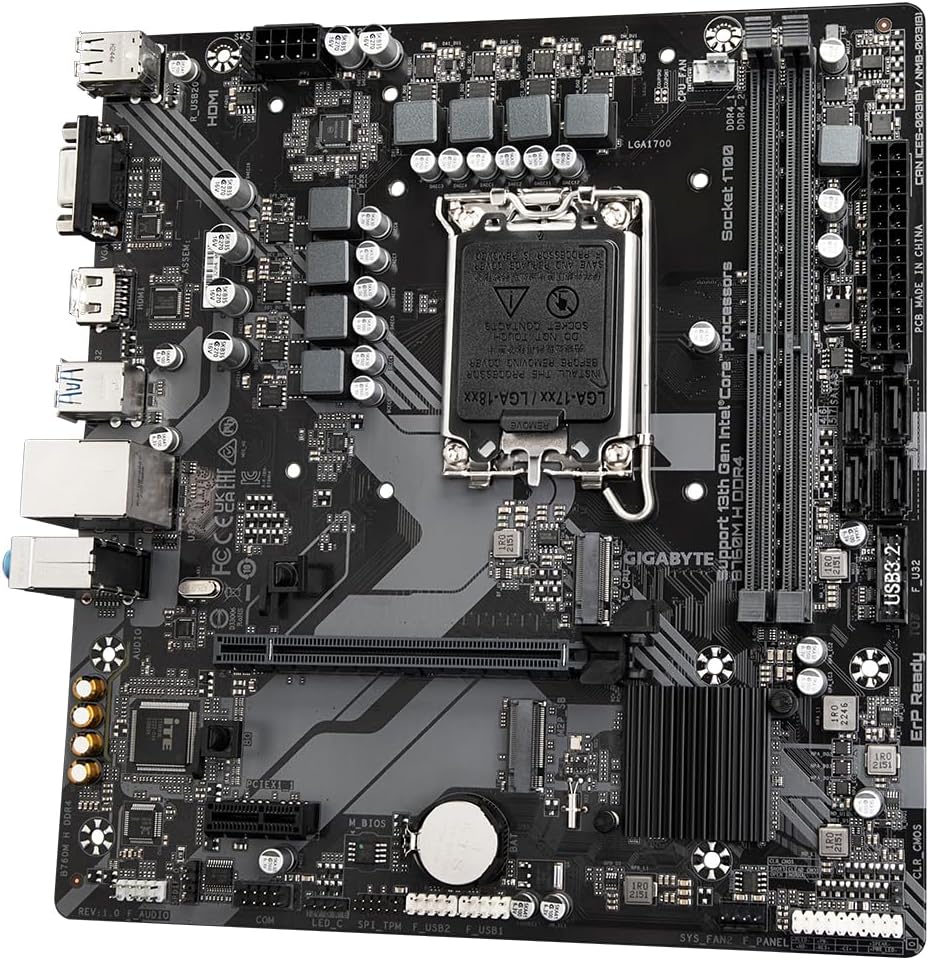 Gigabyte B760M H DDR4 Motherboard - Supports Intel Core 14th Gen CPUs, 6+1+1 Phases Digital VRM, up to 3200MHz DDR4 (OC), 2xPCIe 4.0 M.2, GbE LAN, USB 3.2 Gen1