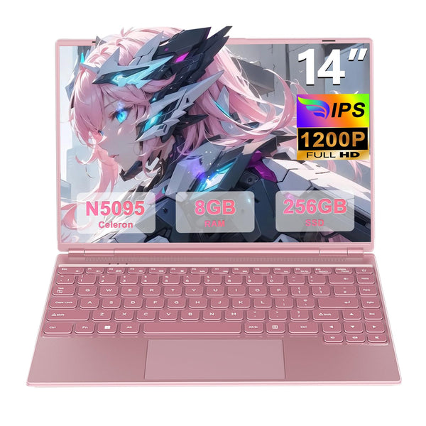HUQPPQ 14 Inch Laptop Celeron N5095 Processor (Up to 2.9GHz) 8GB RAM 256GB SSD Win11 Laptops | FHD 1920×1200 IPS Display | WiFi 5, BT4.2, Webcam | 180° Foldable | For Students & Business-Pink-N700