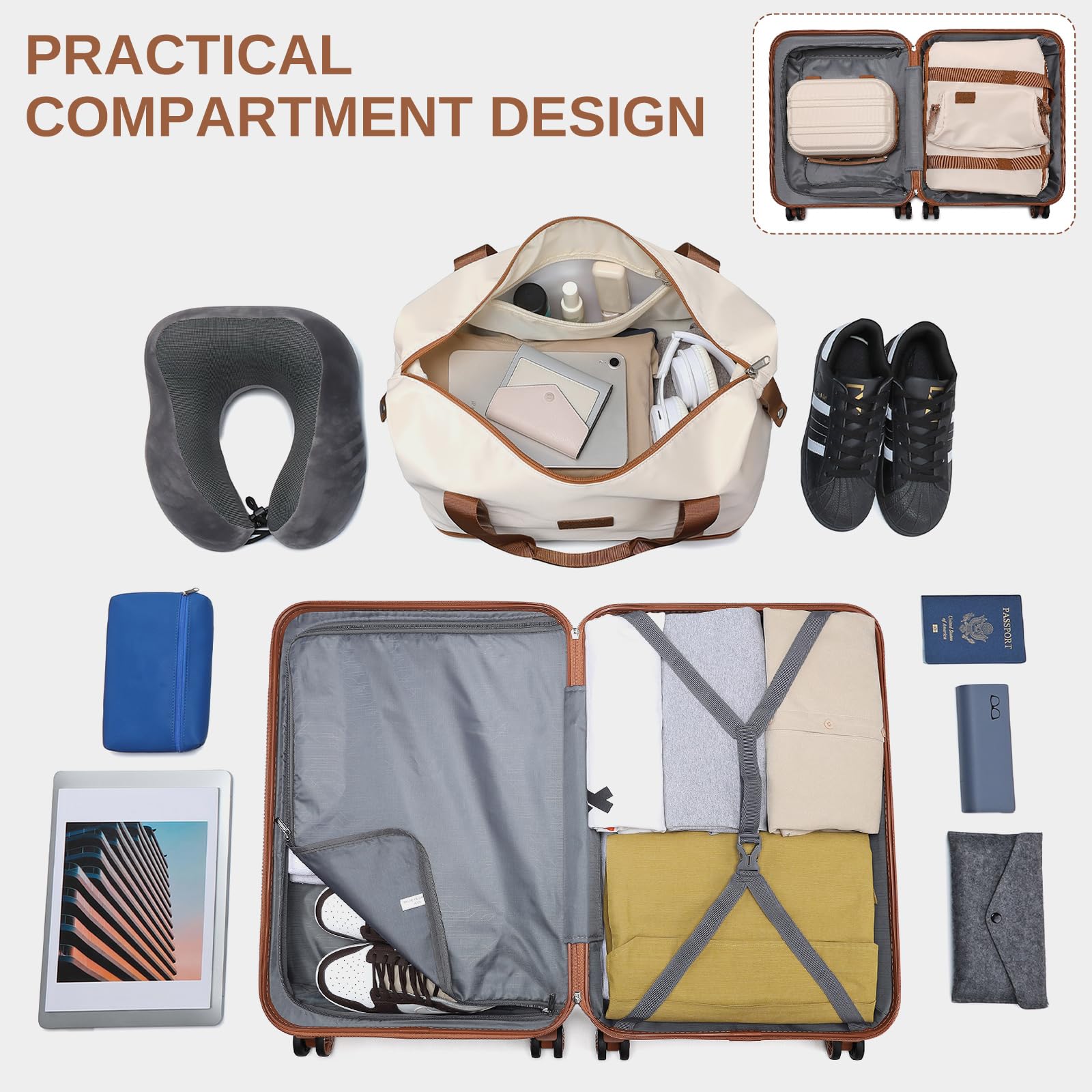 Kono Travel Luggage Sets of 6 Piece Lightweight ABS Hard Shell Trolley Case with TSA Combination Lock 20" 24" 28" Suitcase + 12" Beauty Case + Duffel Bag & Toiletry Bag (Cream White)