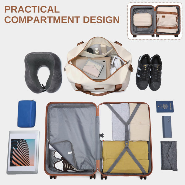 Kono Travel Luggage Sets of 6 Piece Lightweight ABS Hard Shell Trolley Case with TSA Combination Lock 20" 24" 28" Suitcase + 12" Beauty Case + Duffel Bag & Toiletry Bag (Cream White)