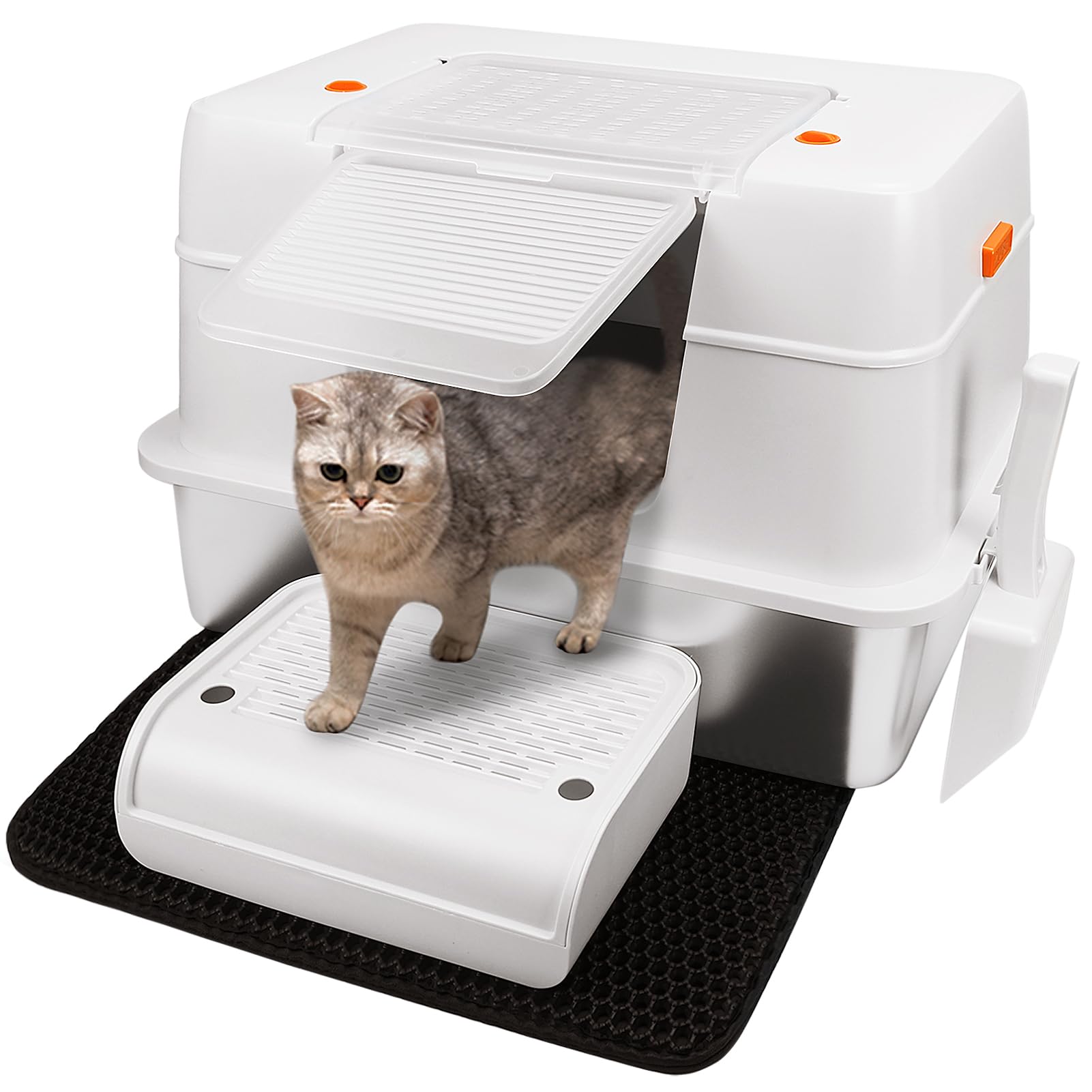 Vivifying Enclosed Stainless Steel Cat Litter Box with Lid, High-Sided, Removable and Metal Leak-Proof Stainless Steel Cat Litter Tray with Scoop, Steps and Mat (Black)