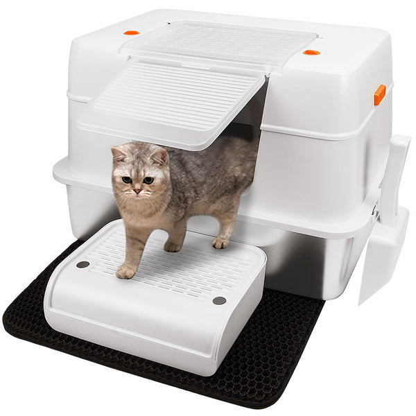 Vivifying Enclosed Stainless Steel Cat Litter Box with Lid, High-Sided, Removable and Metal Leak-Proof Stainless Steel Cat Litter Tray with Scoop, Steps and Mat (Black)