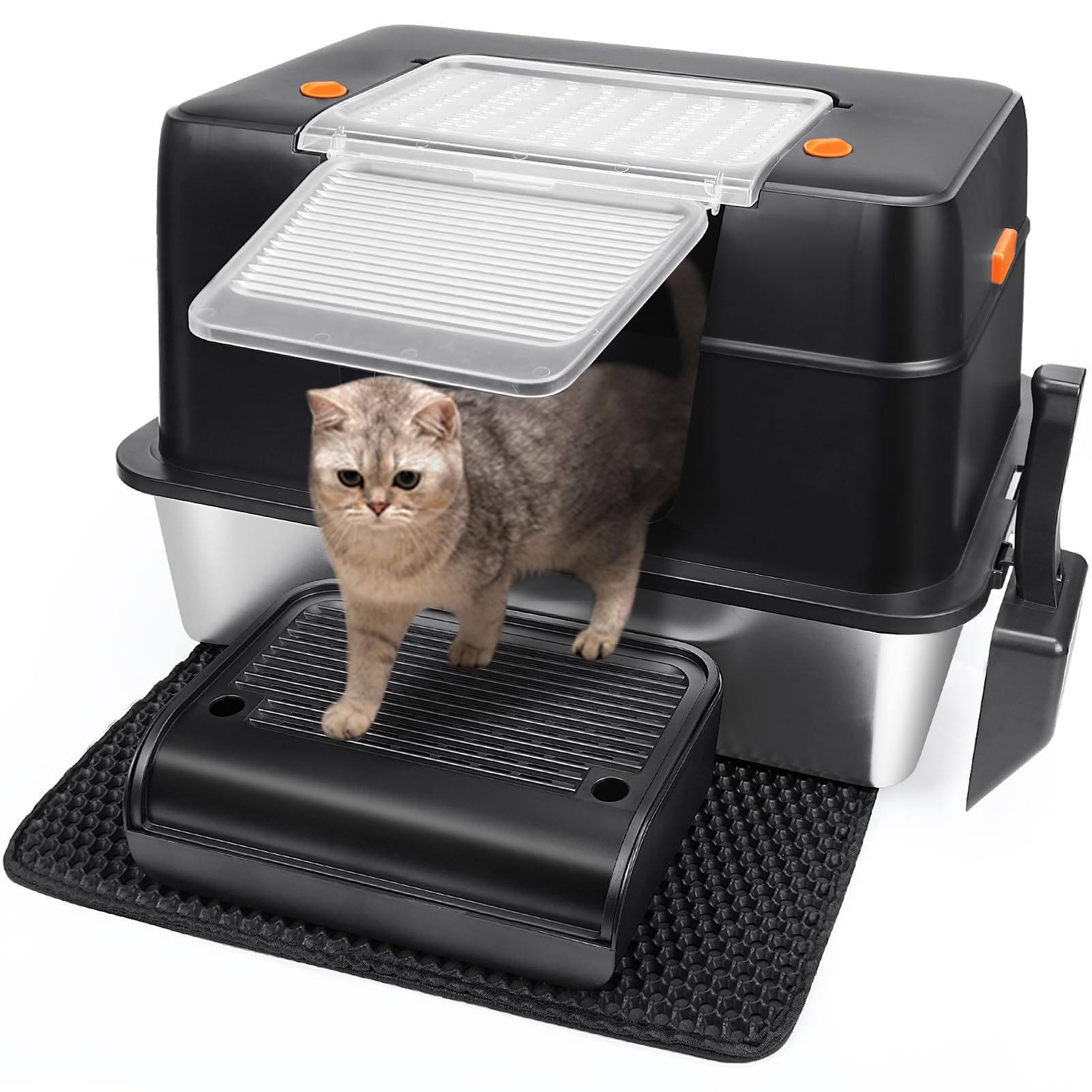 Vivifying Enclosed Stainless Steel Cat Litter Box with Lid, High-Sided, Removable and Metal Leak-Proof Stainless Steel Cat Litter Tray with Scoop, Steps and Mat (Black)
