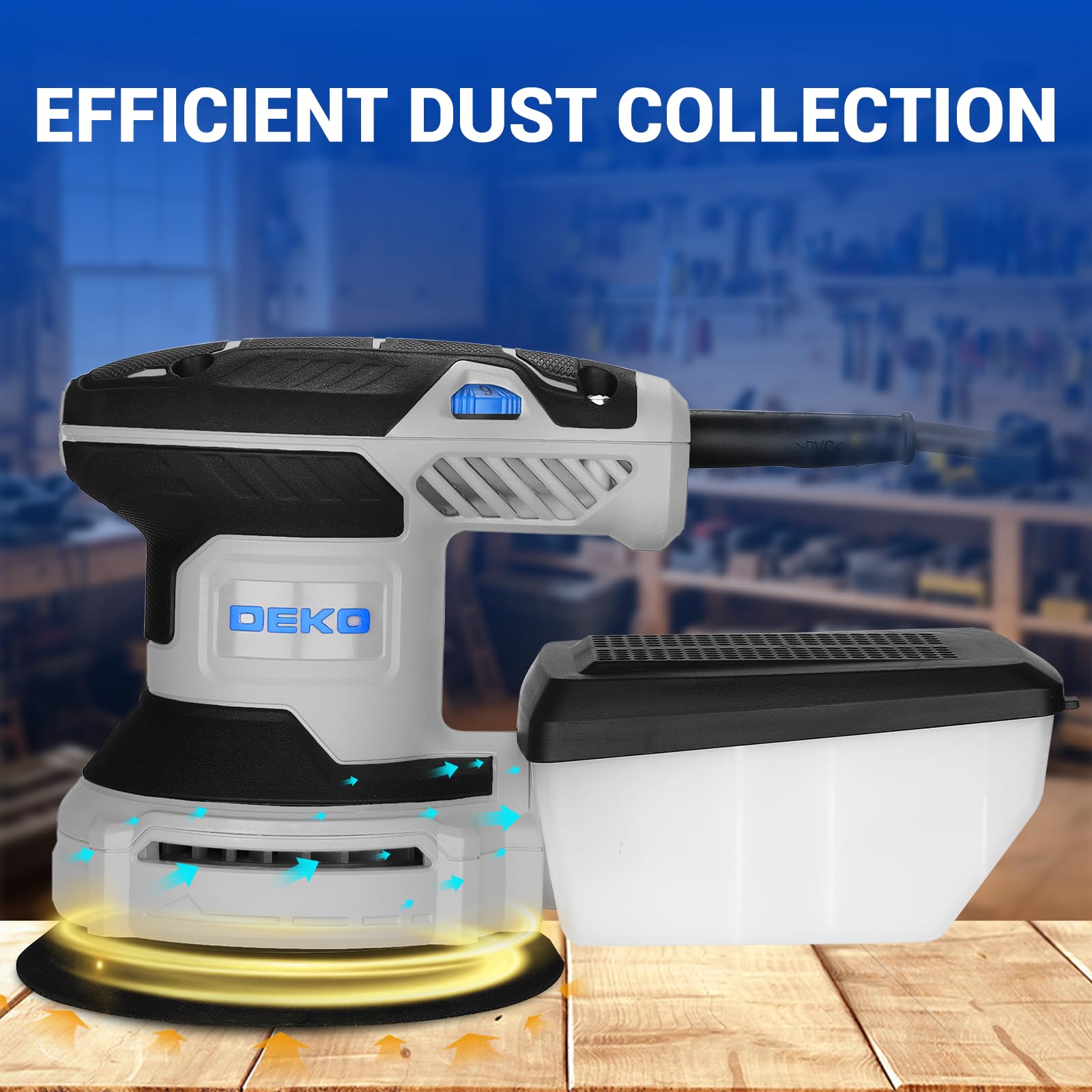 DEKOPRO Random Orbit Sander 300W with 16Pcs Sandpapers, 6 Variable Speed 14000RPM, 125MM Hand Electric Tool, High Performance Dust Collection System, Fit for Woodworking/Sanding