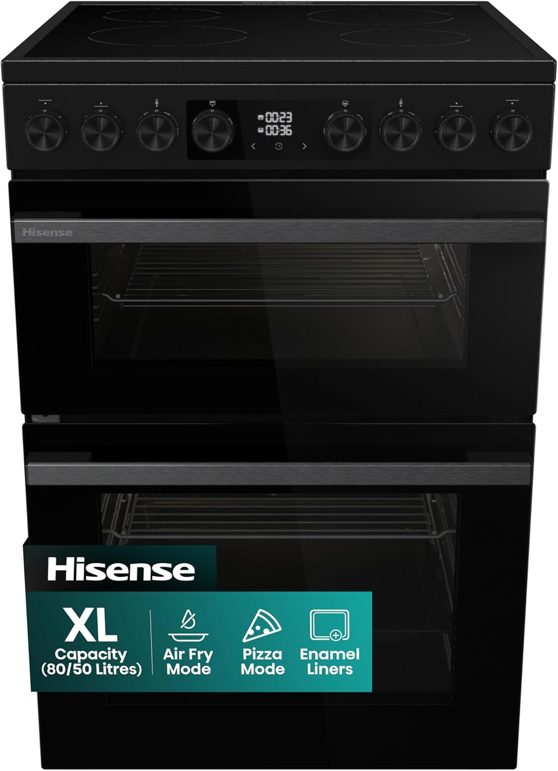 Hisense HDUKC60B 60cm Electric Cooker with Ceramic Hob-Black, A Rated Double Oven 50L/80L [Energy Class A]