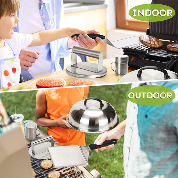 HULISEN Smashed Burger Kit, Burger Press with Edge, 12 Inch Basting Cover, Grill Spatula, Spice Dredge Shaker and 2 Squeeze Bottles - Griddle