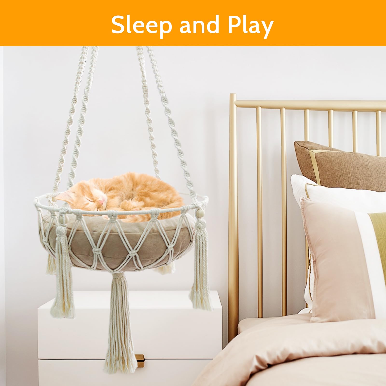 Macrame Cat Bed, Hammock for Cat,Cat Swing Hand Knitting Hanging Cat Nests Pet Swing Pet Bed