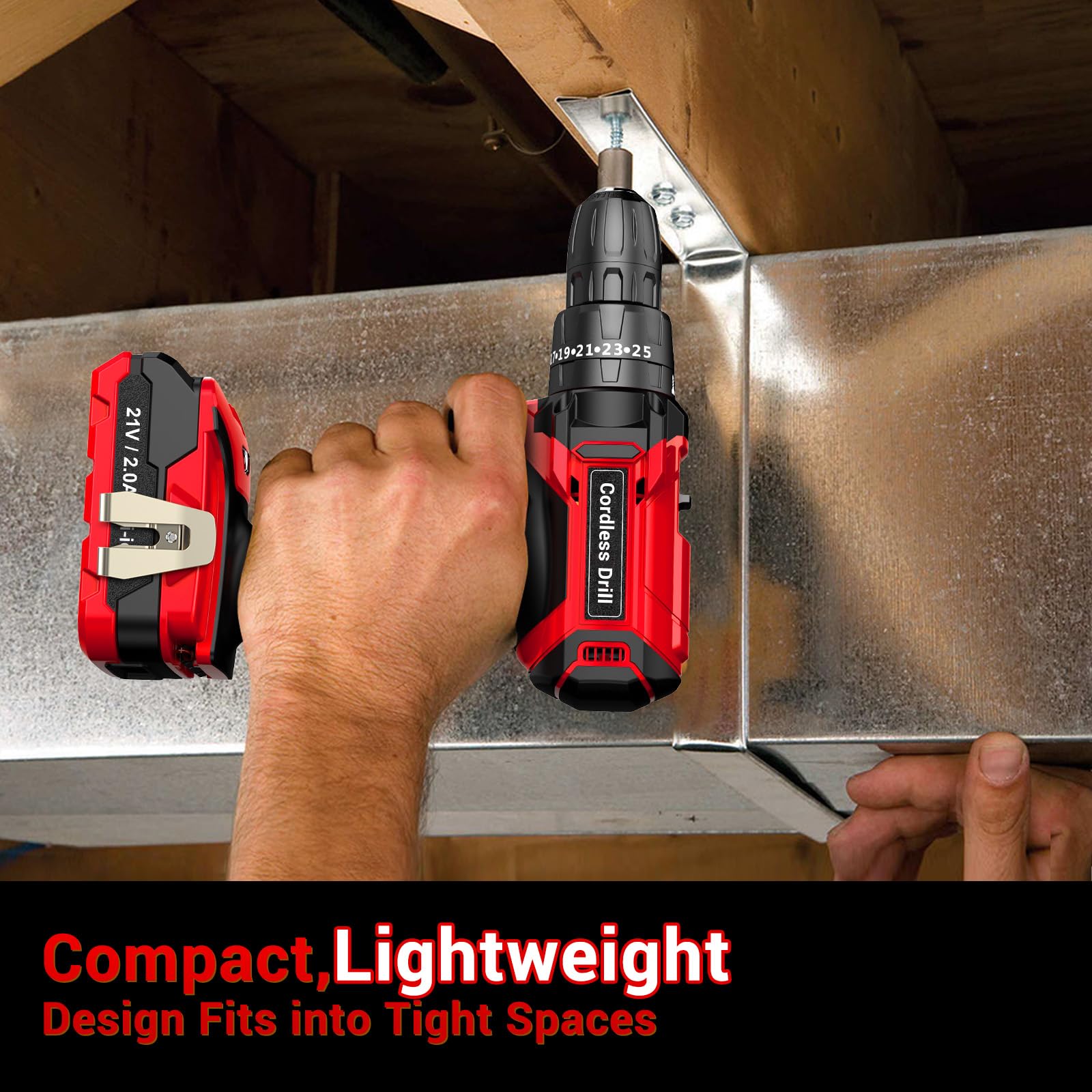 LEEIKOO Cordless Drill, 21V Electric Drill 42N.m with 2.0Ah Battery, Combi Set 10mm Chuck, 2 Speeds, 18+1 Torque, LED Light, 20pcs Drill Set for Garden DIY Project, Grey