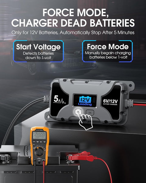 Powerextra 5A Car Battery Charger & Maintainer, 6V/12V Portable Smart Trickle Charger with LED Display & Repair Mode for Lead-Acid AGM Lithium Caravan Batteries