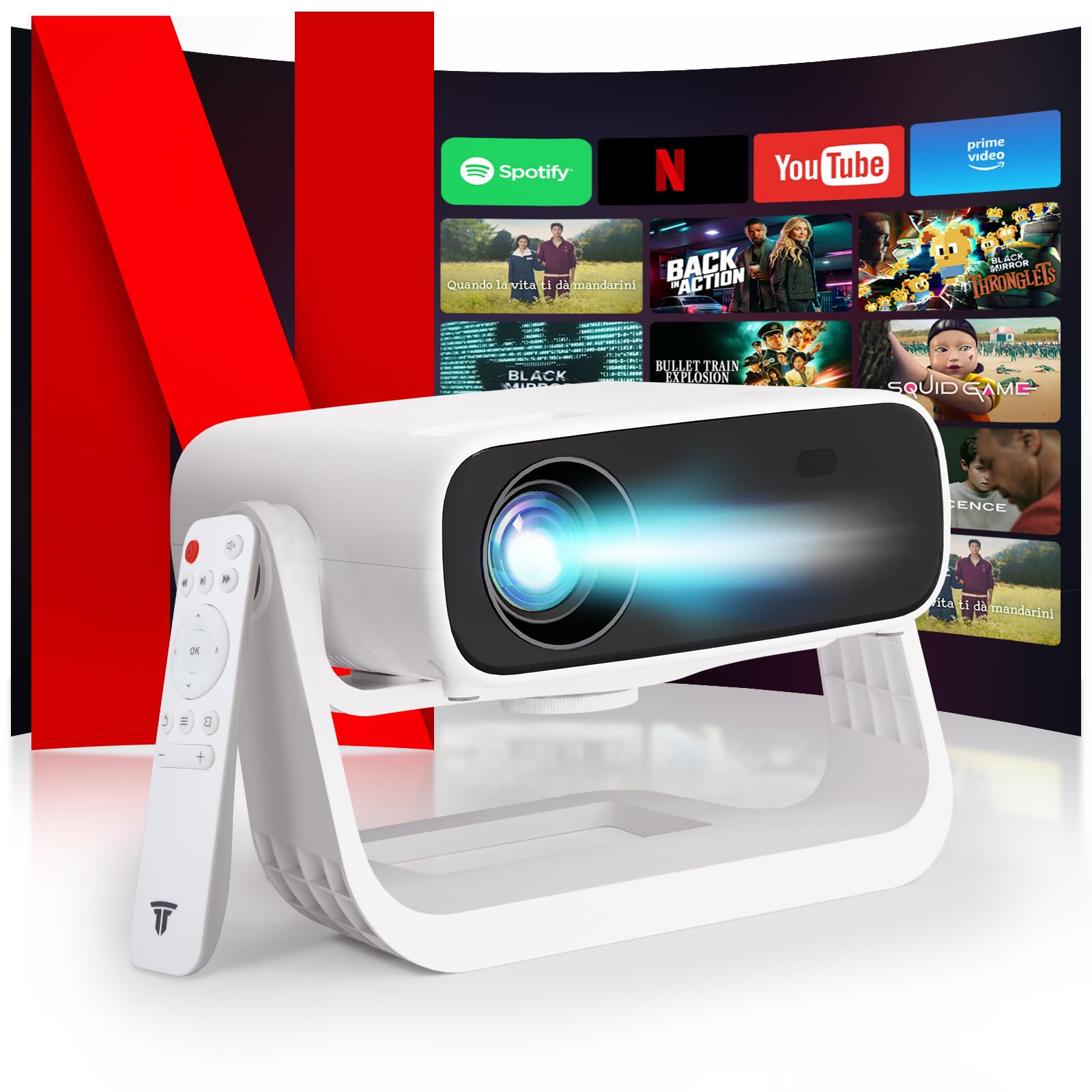 Wielio 2025 New Smart Projector Built-in Apps, Native 1080P 4K Supported, WiFi 6 & Bluetooth 5.2, Low Fan Noise (<30dB), 120° Adjustable Stand, Auto Keystone Home Cinema Projector for iOS/Android/PS5