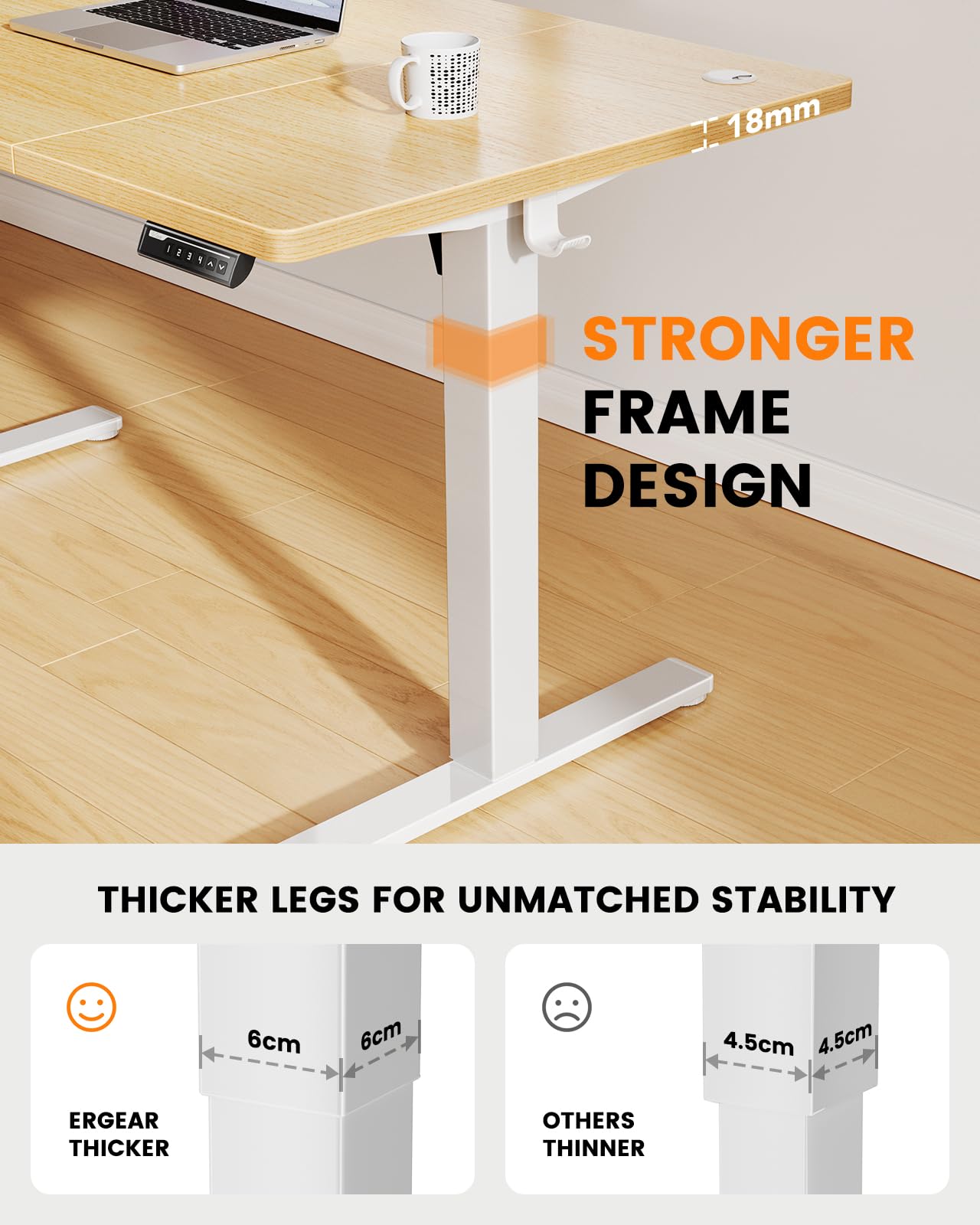 ErGear Electric Standing Desk-160 x 80 cm-100kg Load Capacity Height Adjustable Desk with Advanced Brushless Motor, Quiet Operation, Sturdy Metal Frame,Four-part Tabletop
