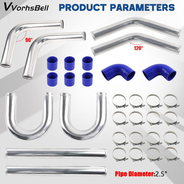 VVORHSBELL 2.5" Turbo Intercooler Pipe Universal Aluminum Turbo Intercooler Piping Set with Silicone Hoses & T-Clamps for Car Modifications (Diesel/Gas)