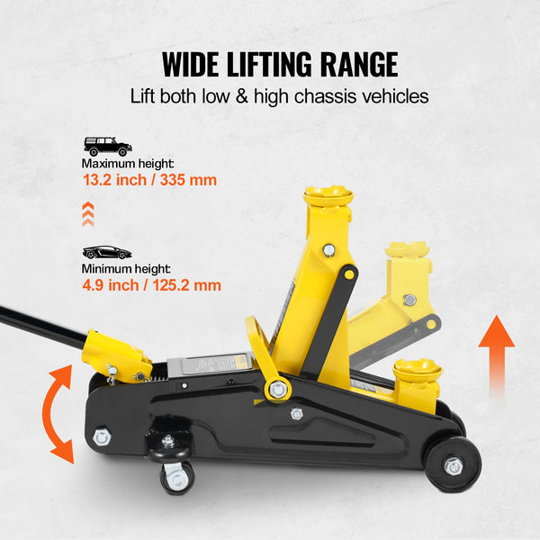 VEVOR Low Profile Floor Jack 1.5 Ton (3300 lbs), Heavy Duty Iron Hydraulic Racing Floor Jack, Hydraulic Car Jack, Single Piston Quick Lift Pump, 4.7"-12.1" Height Lifting Range (Yellow)