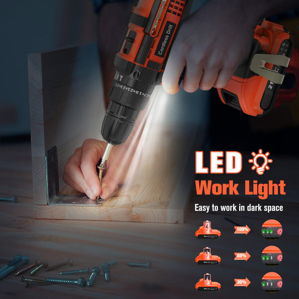 DYJPOW Brushless Cordless Hammer Drill Driver 21V, 2 Batteries 2000mAh, 20+3 Torque, 45N.m Max, 14PCS Drill Bits, 2 Speed, LED Light for Home, Garden DIY