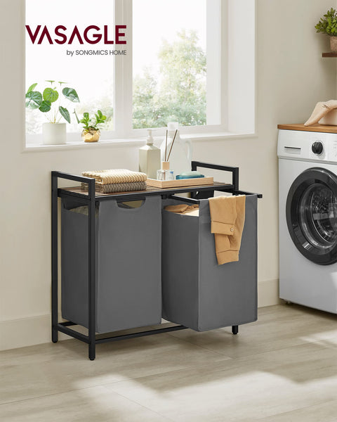 VASAGLE Laundry Basket, Laundry Hamper, Pull-Out and Removable Liner Bag, Shelf, Metal Frame, 65 L, 50 x 33 x 72 cm, Ink Black and Rustic Brown BLH101B01