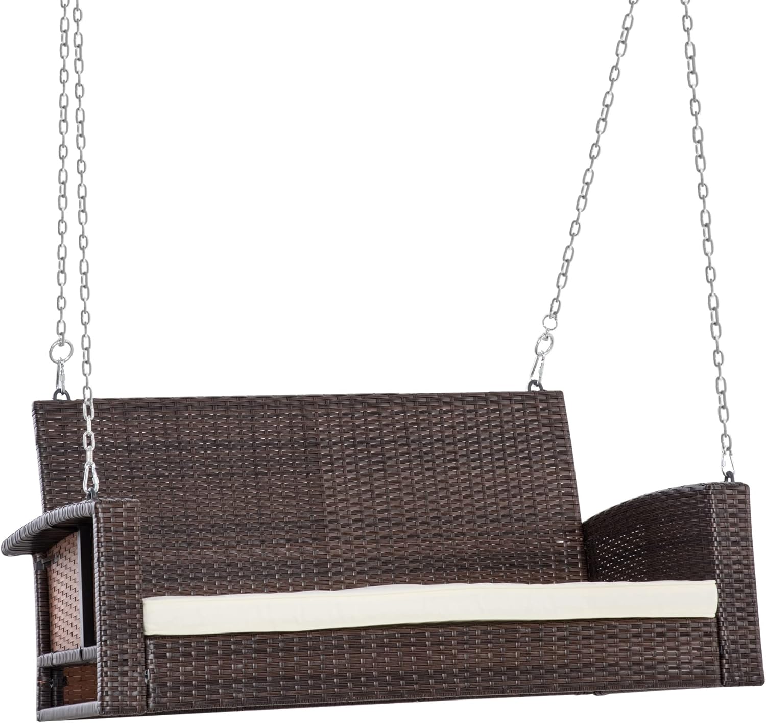 Outsunny 2 Seater Rattan Garden Swing Chair, Porch Swing Bench Loveseat with Cushion, Wicker Outdoor Hanging Swinging Seat with 2 Metal Chains, 250 KG Capacity for Patio, Balcony, Cream White