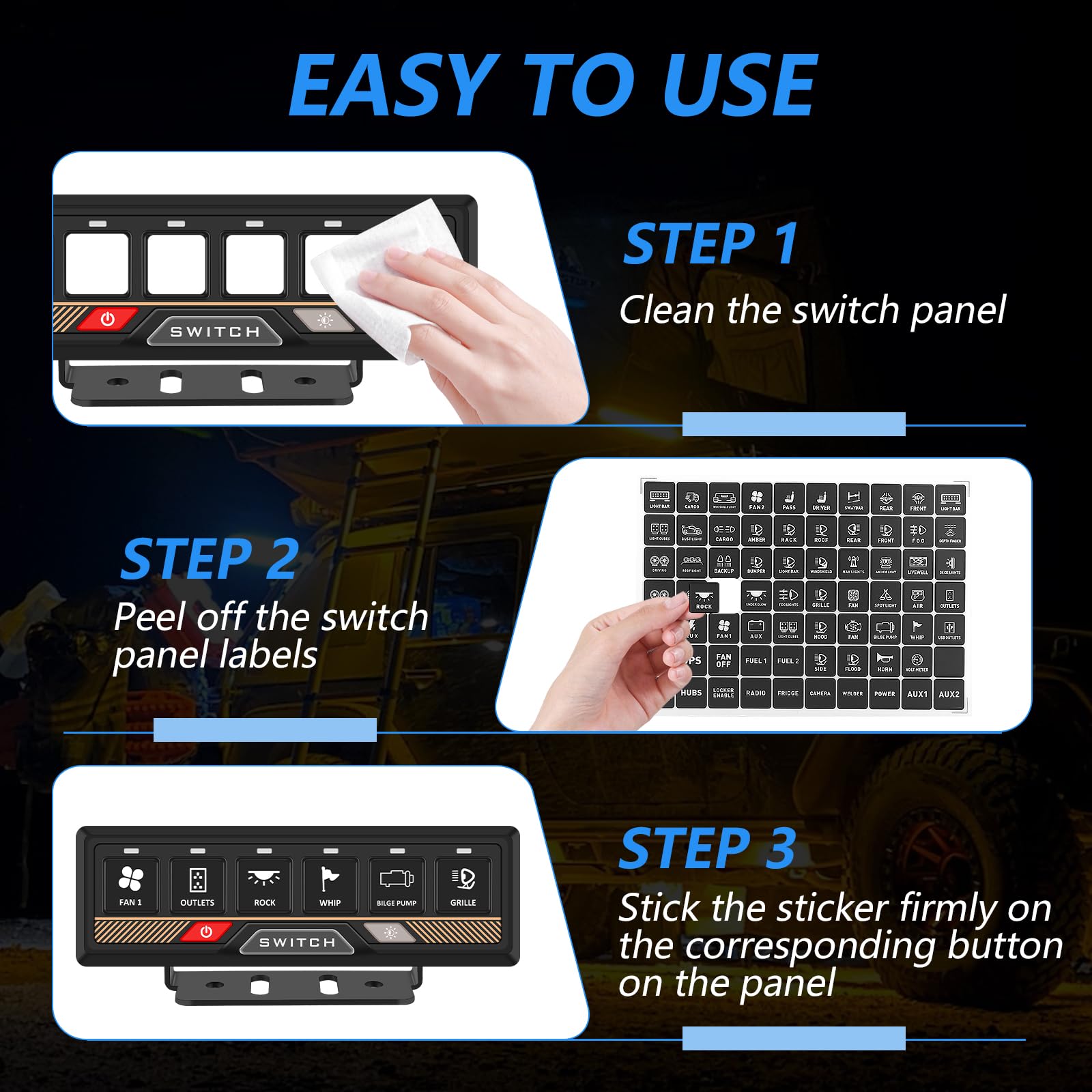 Chelhead 140PCS Vehicle Switch Panel Stickers for P2-6/8/12 Gang Switch Panel Universal Waterproof Multi-Function Button Control Rocker Labels Compatible with Car Dashboard, Boat, RV, Truck