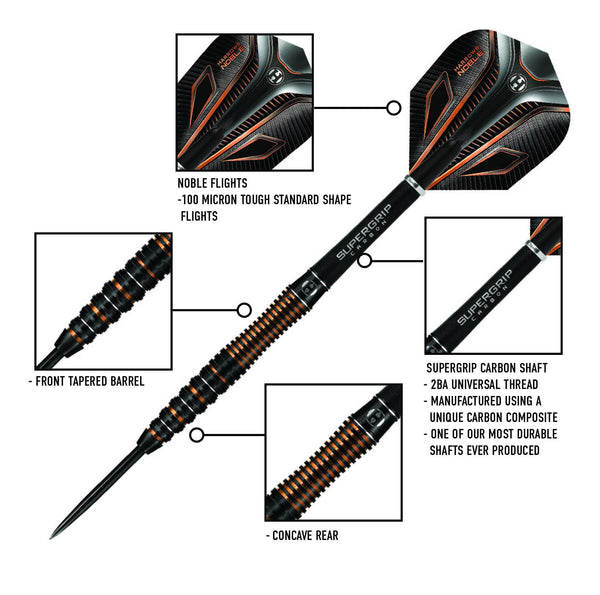 Harrows Noble 90% Tungsten Steel Tip Darts Set 22g, 23g, 24g & 25g - Includes Silver Supergrip Carbon Shafts & Micron Noble Flights (25g)