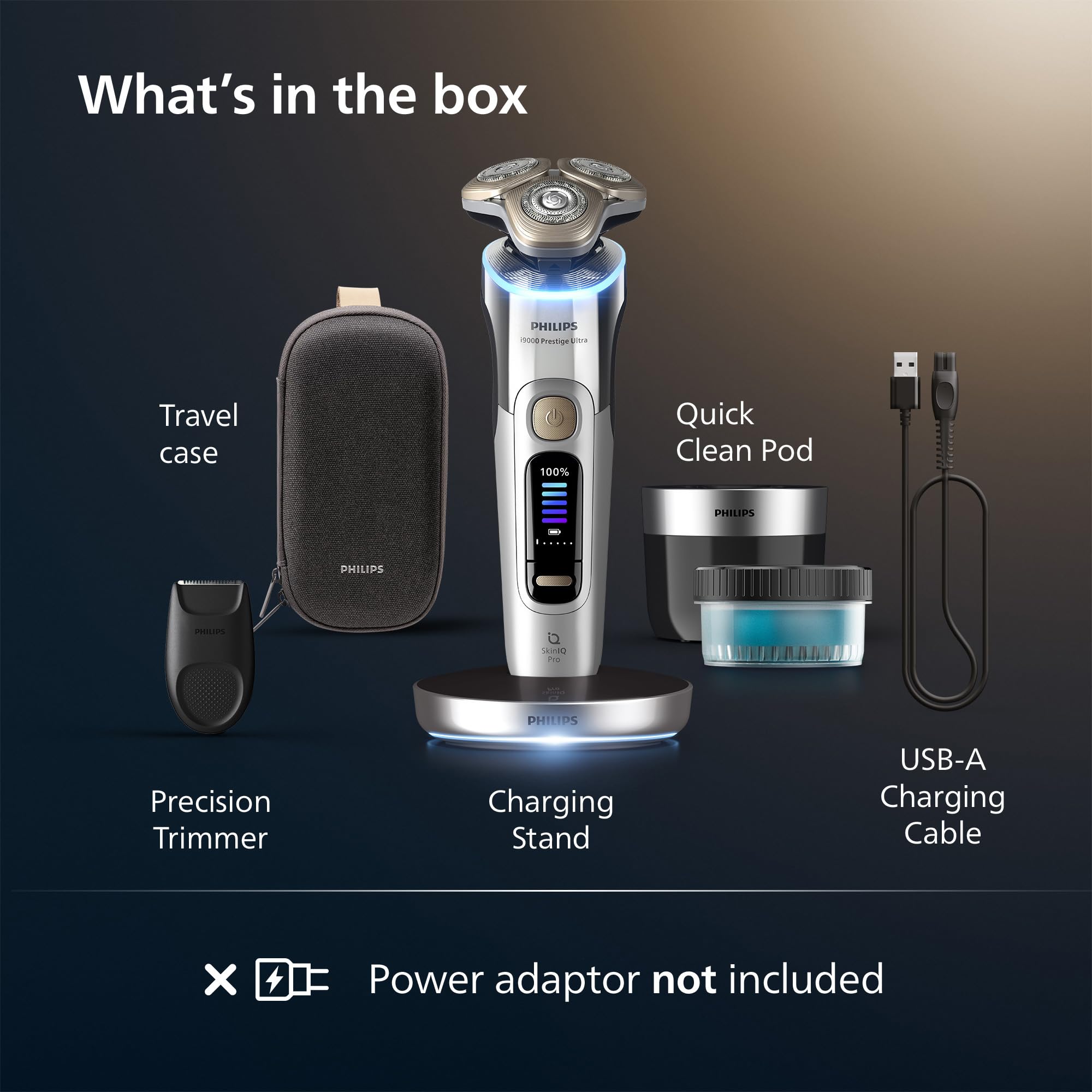 Philips Shaver i9000 Prestige Ultra, Wet & Dry Electric Shaver, Chrome, Skin IQ Pro Technology, Triple Lift & Cut System, 360 Rotating NanoTech Precision Blades, 5 Shaving Modes, Model XP9404/31