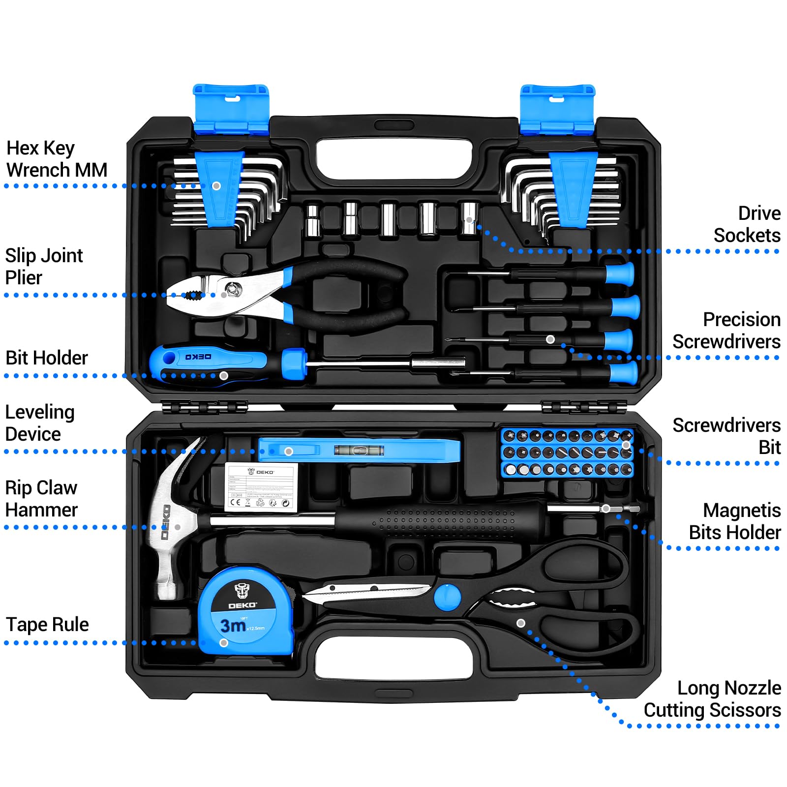 DEKO Tool Kit Set Box 62 Piece Home Repair DIY Tools Basic Hand Toolbox Sets for Home