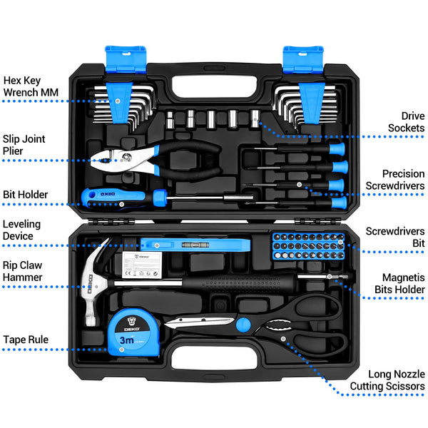 DEKO Tool Kit Set Box 62 Piece Home Repair DIY Tools Basic Hand Toolbox Sets for Home
