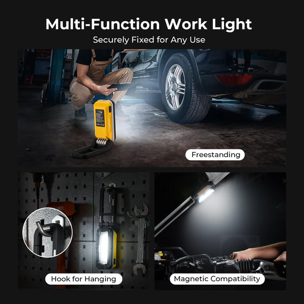 BougeRV WL01 PRO Work Light Rechargeable, 1500 Lumens Magnetic Inspection Light, Portable Lamp with 180° Rotating Stand & Hook, Multiple Lighting Modes for Car Repair, Camping, Outdoor, Emergency