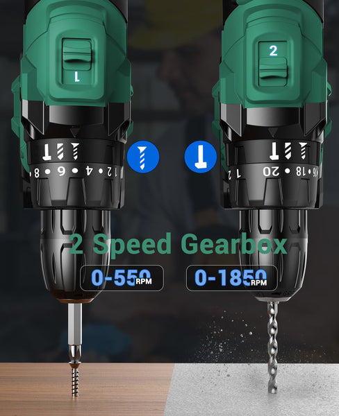 JYGMPRO Cordless Drill Driver 21V, Hammer Drill with 2 Batteries 2000mAh, 25+3 Torque, 42N.m Max Electric Drill, 30PCS Drill Bits, 2 Speed, LED Light for Home and Garden DIY Project