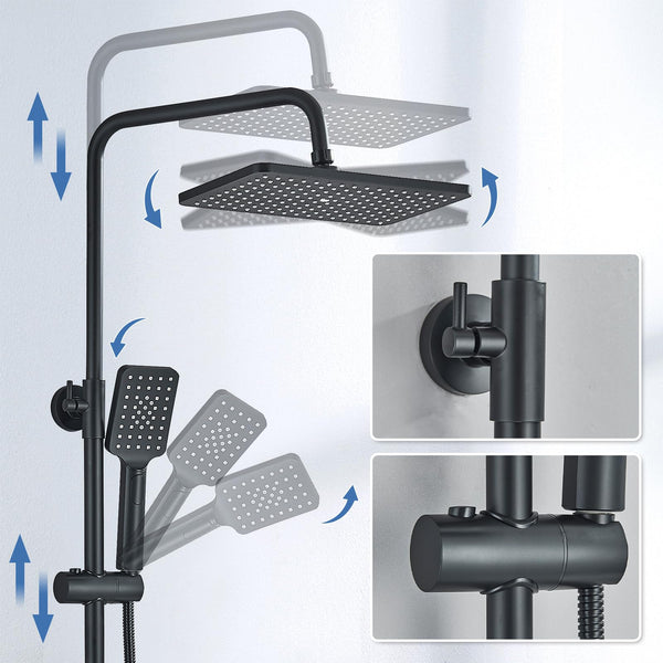Rozin Shower Riser Rail Kit Adjustable Chrome 2 Functions Square Overhead 29 * 19cm and Hand Shower Stainless Steel Easy Install