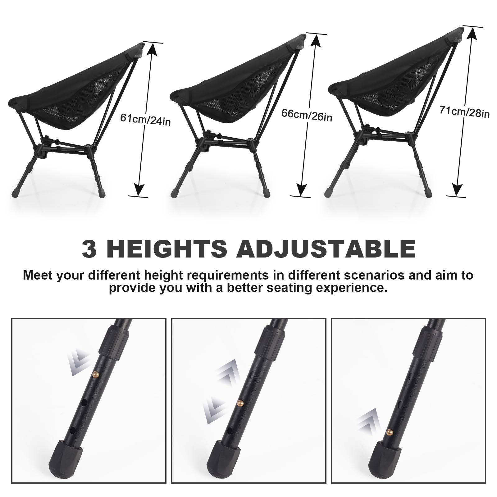 Portable Folding Camping Chair: Lightweight Height Adjustable Camping Chairs Stable Supports 330 Lbs with Side Pockets for Outdoor Camp, Travel, Beach, Lawn (Black)