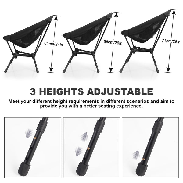 Portable Folding Camping Chair: Lightweight Height Adjustable Camping Chairs Stable Supports 330 Lbs with Side Pockets for Outdoor Camp, Travel, Beach, Lawn (Black)