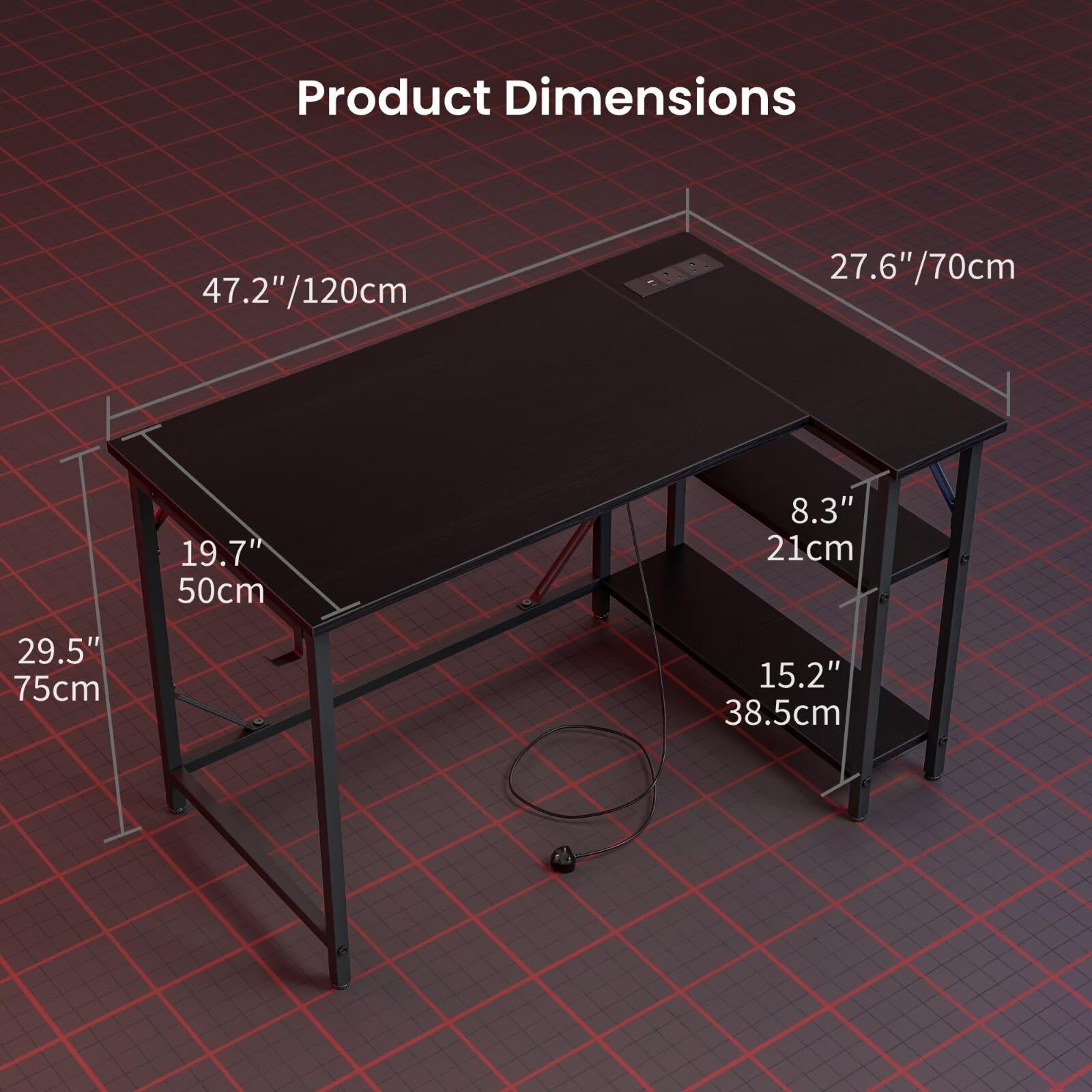 DOMSHOCT L Shaped Gaming Desk with Power Outlets, 120x70cm Corner Computer Desk with Large Reversible Shelves, Home Office Desk with Hooks for Writing