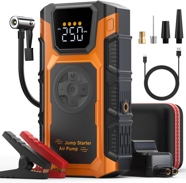 Jump Starter Power Pack with Air Compressor & Tyre Inflator, 5000A Car Battery Booster(for 10L Petrol or 8L Diesel) 12V Jump Starters Power Bank with Jump Leads, 18W Fast Charging, LCD Screen, LED
