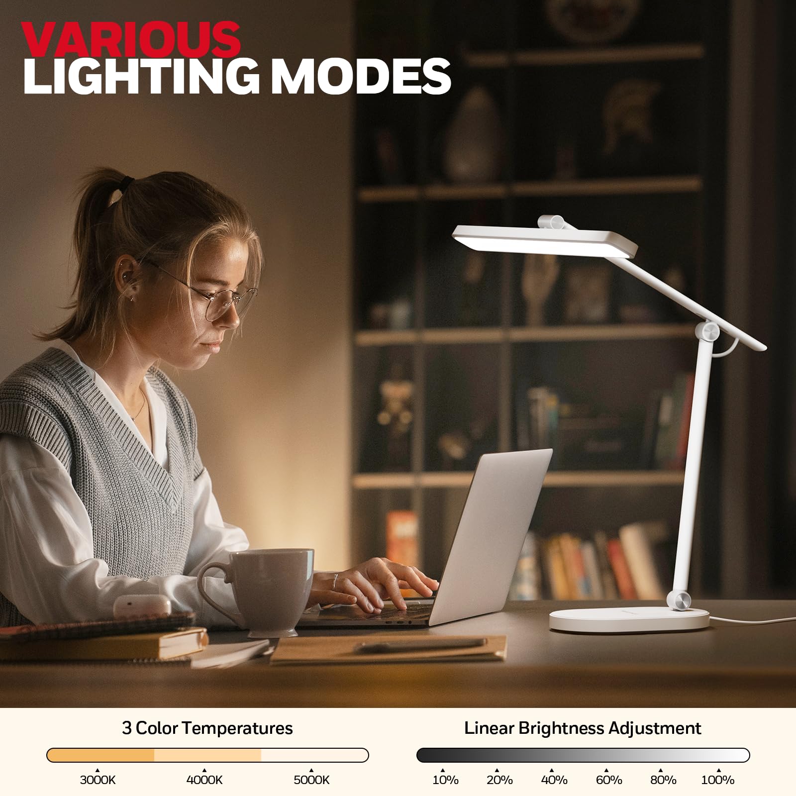 Honeywell LED Desk Lamp for Home Office - H4 Sunturalux™ Eye-Caring Desk Light, 14W Dimmable Table Lamp with 3 Color Modes, 5 Brightness Levels, Auto-Dimming, Timer, Touch Control Reading Lamp, White