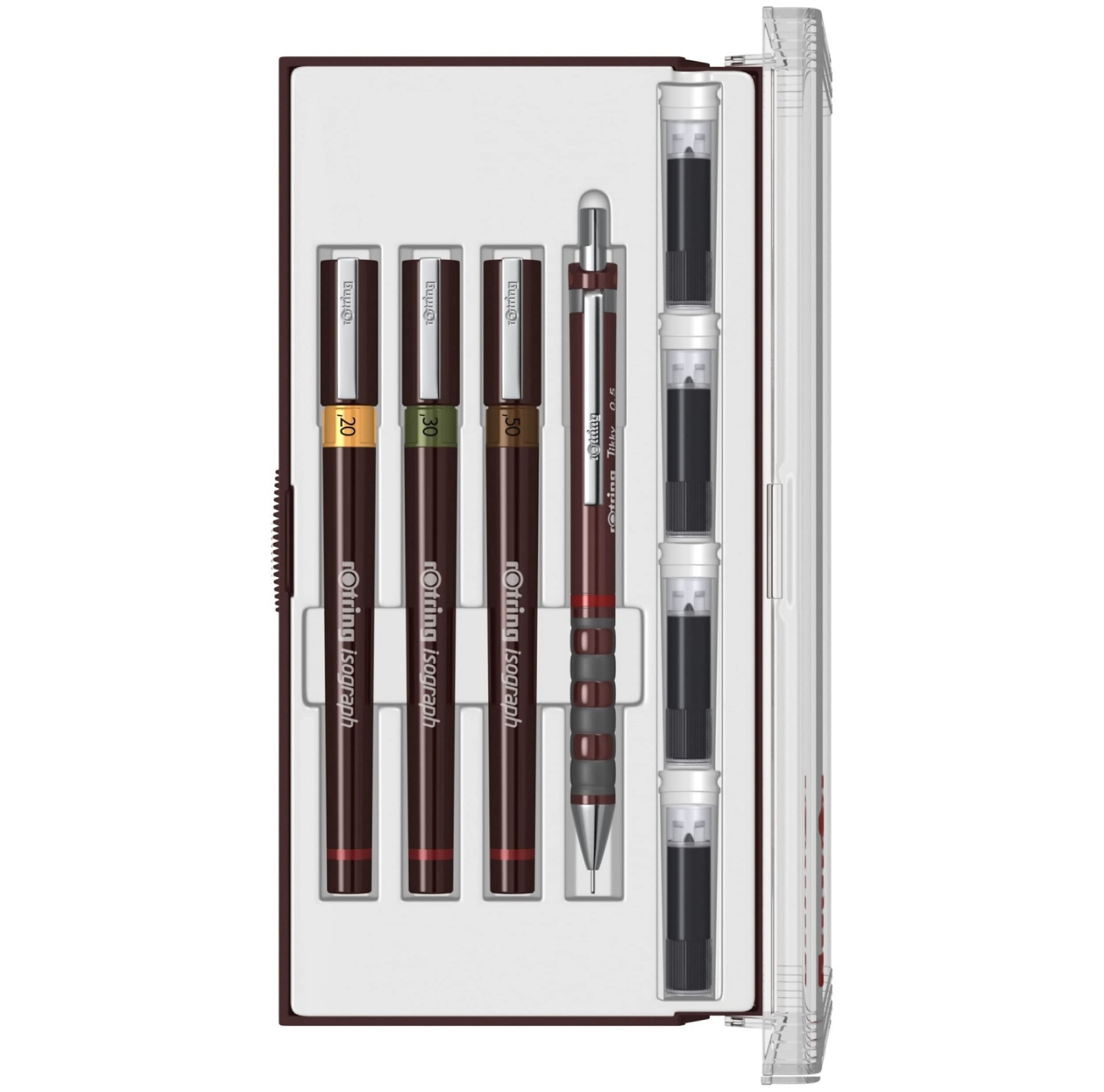rOtring Isograph Pen Set Technical Pen & Pencil College Set | 3 Pens (0.20mm0.30mm0.50mm) and Mechanical Pencil (0.5mm) + Accessories