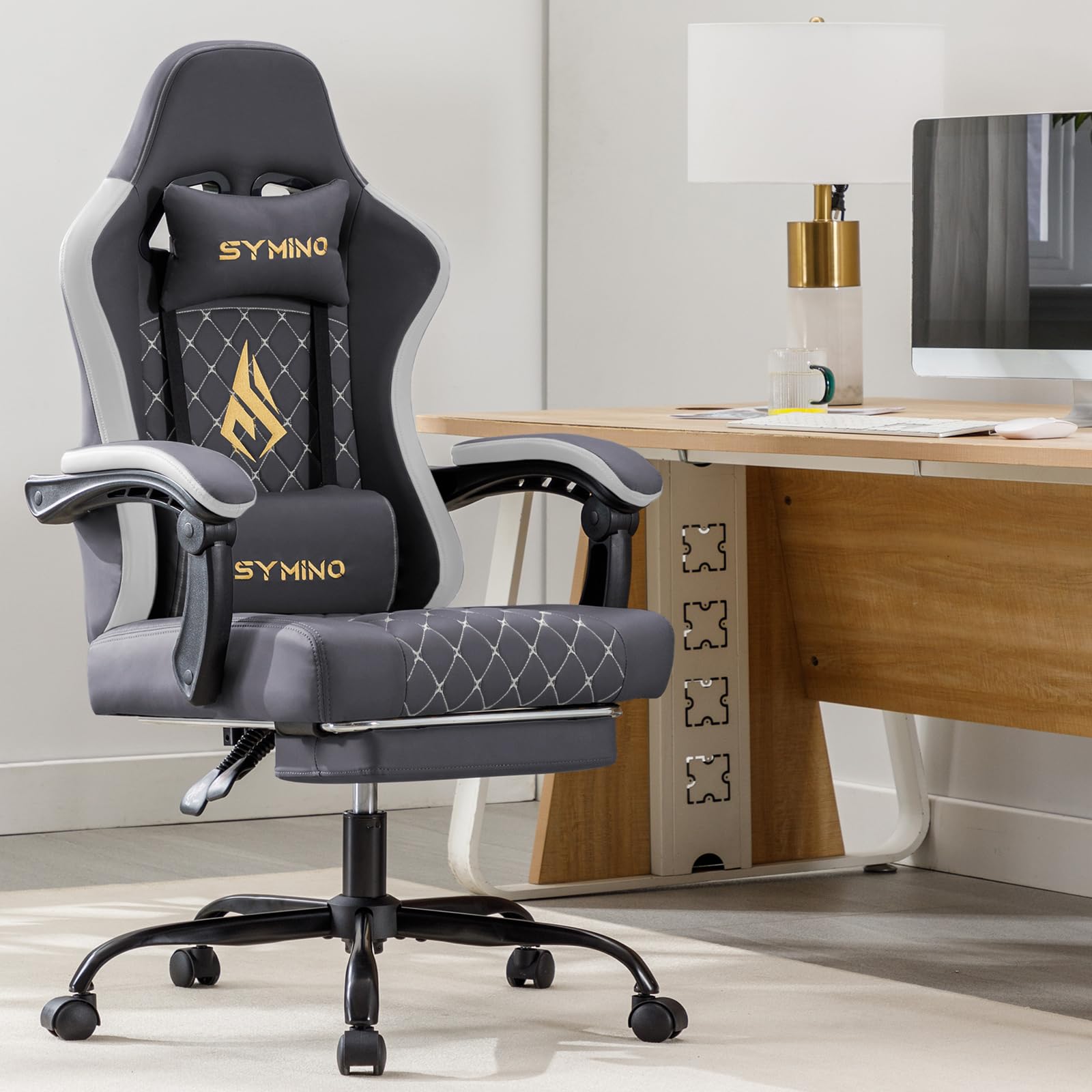 Symino Gaming Chair with Footrest, Computer Ergonomic Video Game Chair, Adjustable Swivel Task Chair with Lumbar Support, PC Chair, Office Chair PU Leather, Grey&White
