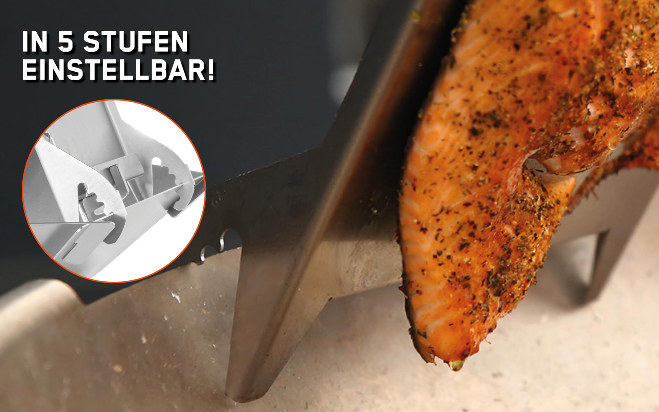 FENNEK Stainless steel flame salmon holder for fire bowls and kettle barbecues, with special clamping mechanism, no screws required, perfect