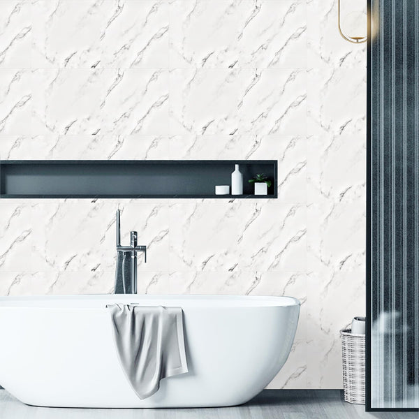 Fantasnight Marble Stick on Tiles 30 x 30cm 50Pcs White Tile Stickers Self Adhesive Wall Tiles PET Peel and Stick Wall Glossy Stickers for Kitchen
