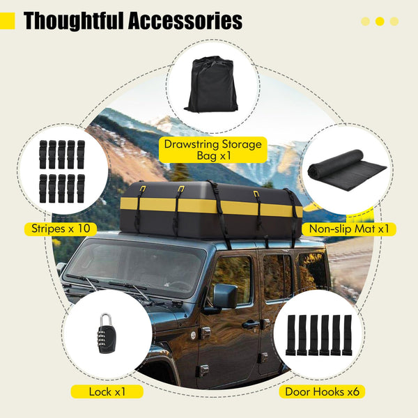 COSTWAY 15/21 Cubic Feet Car Roof Bag, 100% Waterproof Roofing Cargo Carrier with Anti-Slip Mat, Combination Lock & Straps, Rooftop Luggage Storage Box (Black, 21 Cubic Ft/600L)