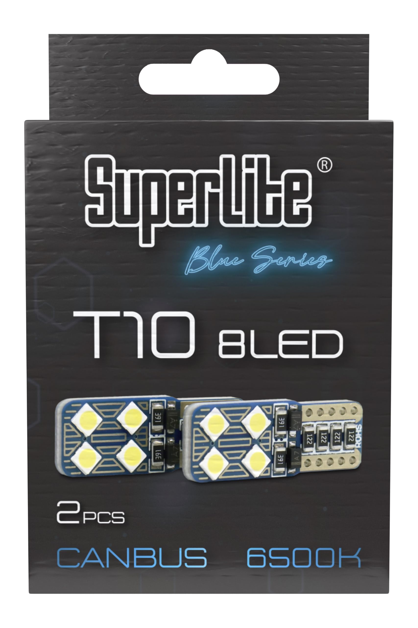 Superlite Set of 2 T10 Bulbs with 18 Leds from the Blue Series range. CanBus Technology and 6500K Colour Temperature. Ideal for Car and Truck.