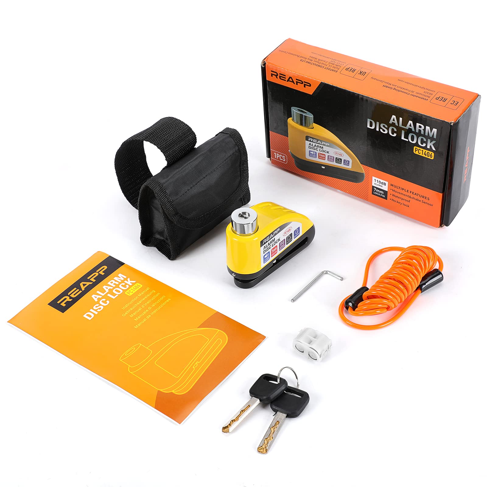 REAPP Alarm Disc Lock Motorbike Lock, Disc Brake Lock 110db with Reminder Cable and Carry Pouch, High Security Disc Lock for Motorcycle Bike Moped Motocross