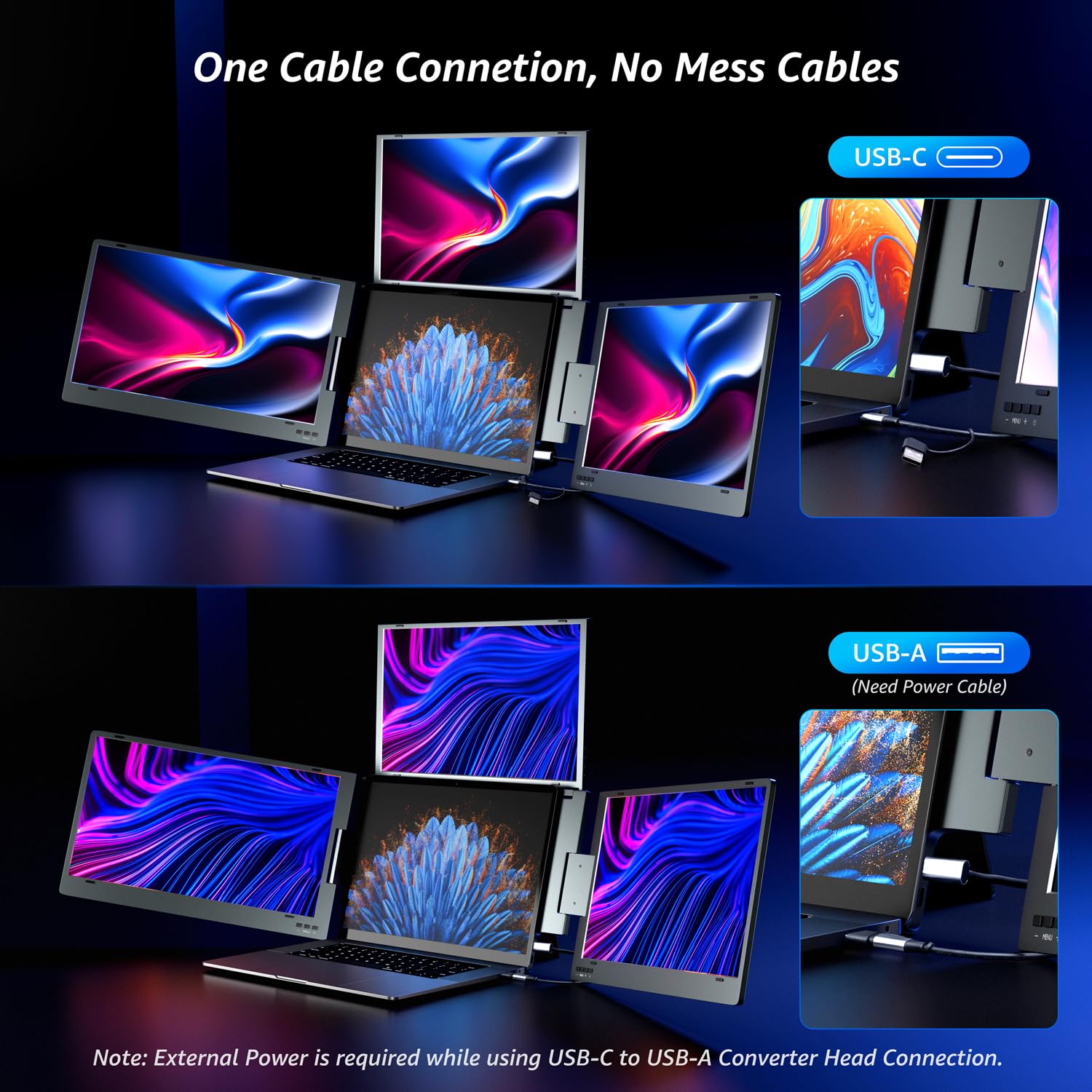 14" Triple Laptop Screen Extender, FHD IPS Multi Screen Extender with USB-C/USB-A, One Cable Connection Laptop Monitor Extender Compatible with Mac Windows Fits 11.6-15.6 Inch Laptops