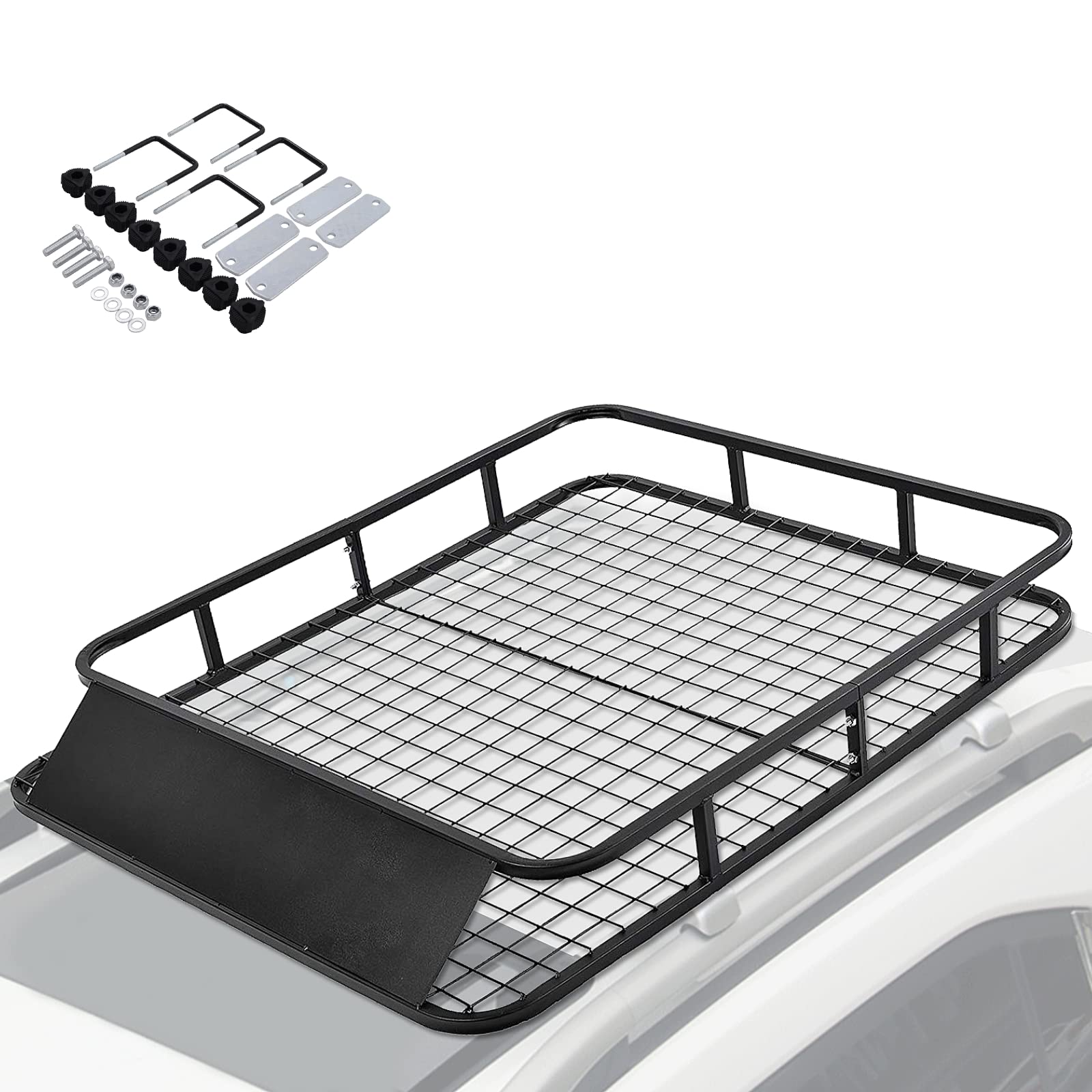 Roof Rack Basket Tray, Steel Luggage Cargo Carrier with Bars & Wind Fairing, Rooftop Luggage Holder for Car SUV Truck Jeep (116-162x99x15cm, 113kg Capacity)